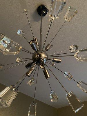 Chandelier with remote controller.  Replaced old ceiling fan. Compare pic 8/5