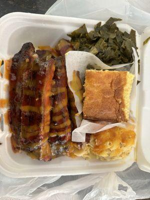 Rib dinner, cornbread, collard greens