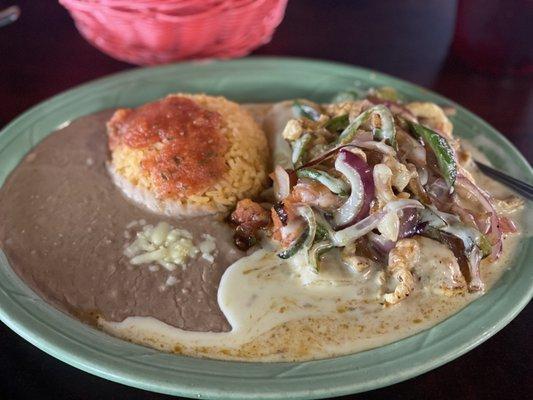 Cheese enchiladas with fajita chicken & veggies