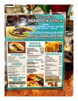 Menu ParkView Diner.Pilsen Chicago IL . Small Corner Neighborhood Old Fashion Diner. Good Mexican/American Food. Friendly Service. Cool.