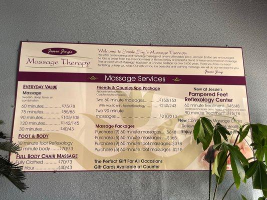 Prices- foot is $45 cash. One hour massage is $75 cash.