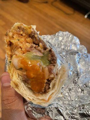 Asada burrito with both salsas