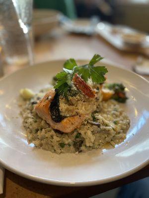 Crab stuffed salmon and mushroom risotto