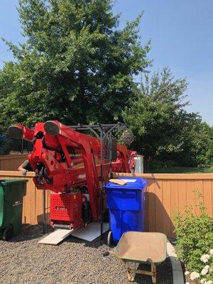 Going through a 3ft gate with our portable 83ft reach manlift on the South Hill in Spokane,Wa