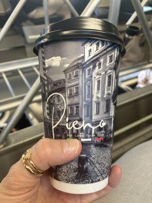 Pieno coffee cup on Metra train