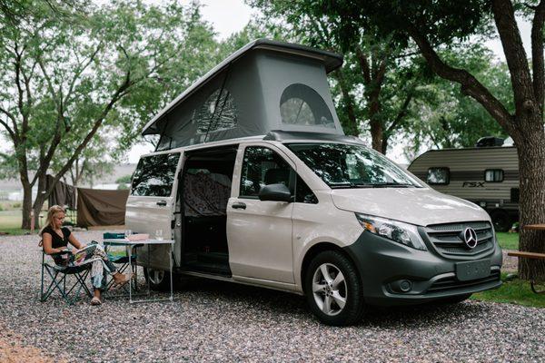 Check out our Mercedes-Benz Metris camper van, complete with a pop-up roof!