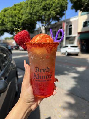 Cali Sunrise- Strawberry and Mango Redbull infusion, topped with a scoop of Mango ice cream and a Strawberry