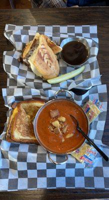 French dip, cup of tomato basil soup, and a grilled cheese.