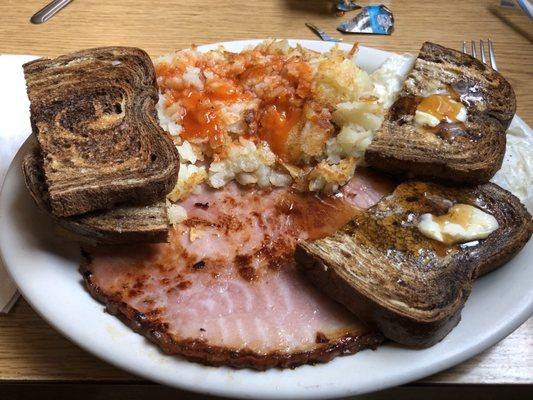 Ham, eggs, hash browns and rye.