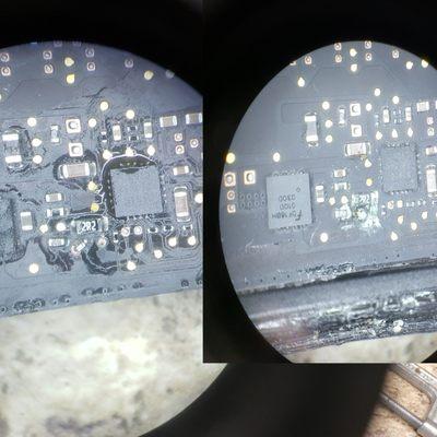 Right shows Macbook Logicboard liquid damage, blown capacitor, left shows after ultrasonic wash and new capacitor repaired.