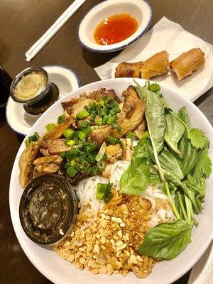 Char-grilled chicken on Vietnamese cold rice noodle salad, very tasty. Added sesame ginger dressing, $18