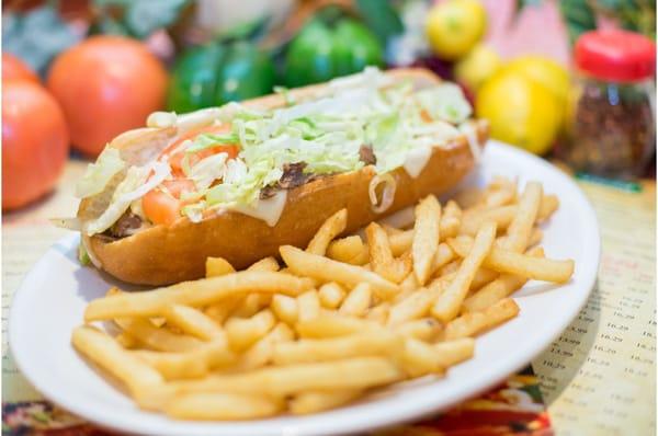 Steak and cheese with a side of fries--Perfect lunch special