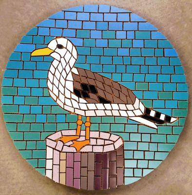 Boeker Ave. & Shell Beach Rd., Shell Beach, CA.  Seagull sidewalk mosaic by Passiflora Mosaics.