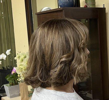 Medium brown hair color with ash blonde highlights. Bob like haircut with an inside out lost layered look.