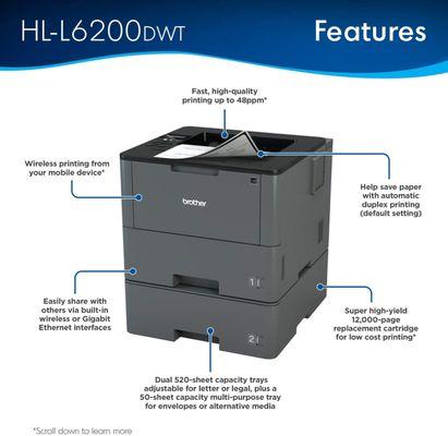 Brother HL-L6200DWT Wireless Monochrome Laser Printer with Duplex Printing and Dual Paper Trays