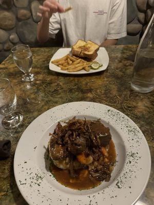 Chicken sandwich and pot roast