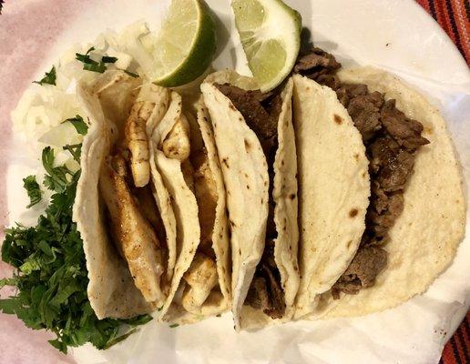 Chicken and steak tacos on homemade corn tortillas $1.25 on Tuesdays