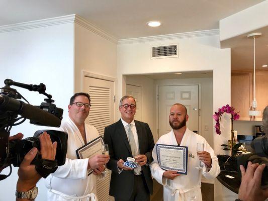 Dr. Turek with his Brosectomy patients following their procedures--with signed certificates of achievement from Dr. Turek himself!