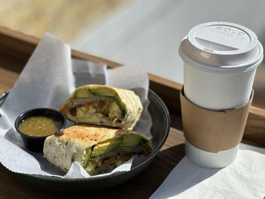 Breakfast Burrito and Carmel Latte