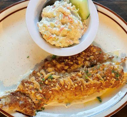 Pecan and Parmesan encrusted Walleye with Cole Slaw