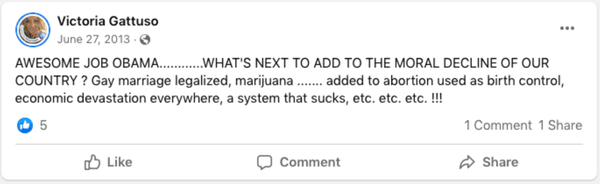 Victoria Gattuso claims that gay marriage, marijuana use, abortion, and Obama are causing the moral decline of the country.