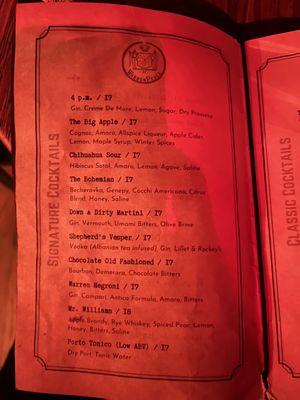 Signature cocktail menu