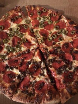 Pepperoni with green olives and ground beef