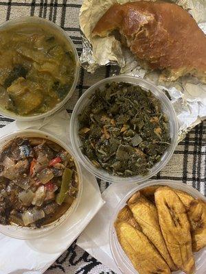 Plantains, Saltfish with bread, Pumpkin soup, smoked herring and callaloo