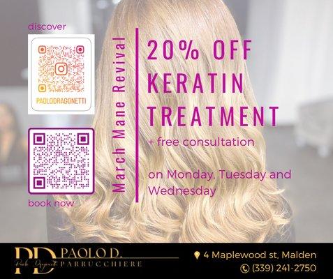 March Mane Revival: 20% off Keratin Treatment (carried out on Mon, Tue and Wed)