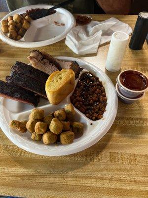 2 meat plate with Brisket and Ribs and Fried okra and BBQ beans.