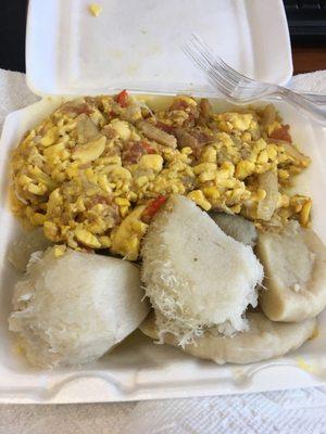 Good servings !!! Ackee and salt fish with yam, banana and boil dumplin