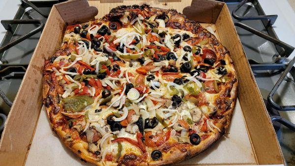 Small (12", 8 slice) Cheese, Pep, Sausage, Mushroom, Sweet Peppers, Onions, & Black Olives Pizza: Colorful pie!