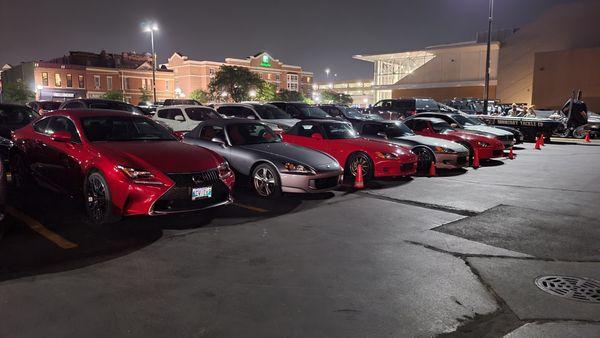 A night shot of our car group in the thoughtfully reserved spots.