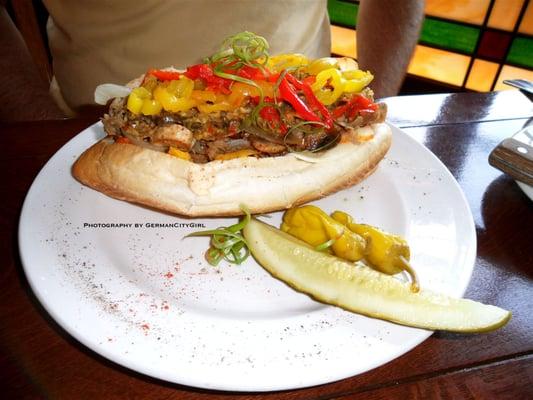 Sausage, mushrooms + peppers.