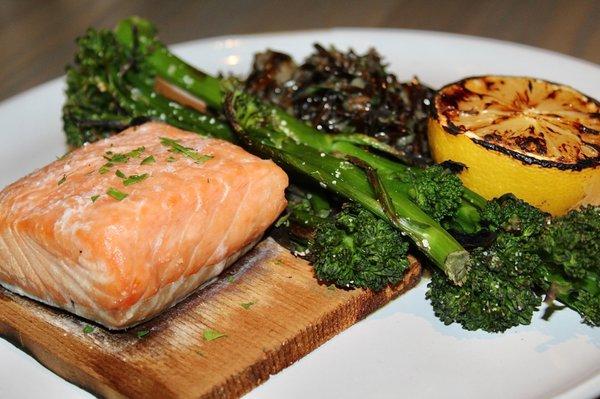 The Cedar Planked Ora King Salmon was served with wild rice and charred broccolini.