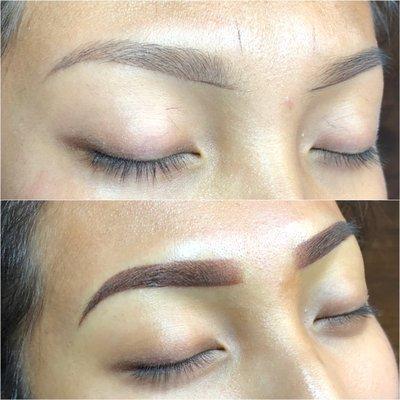 Top Photo: 1 year healed Microblading & Bottom Photo: Powder Ombré Brows at Annual Touch-up