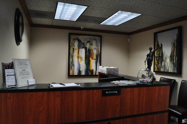 The receptionist area where you check-in for your appointment with the attorney