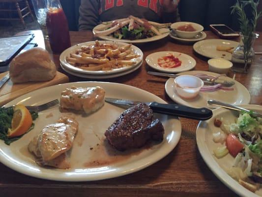 Steak/chicken/mashed potato/salad combo, bacon cheese fries, and cranberry/pecan/chicken salad!