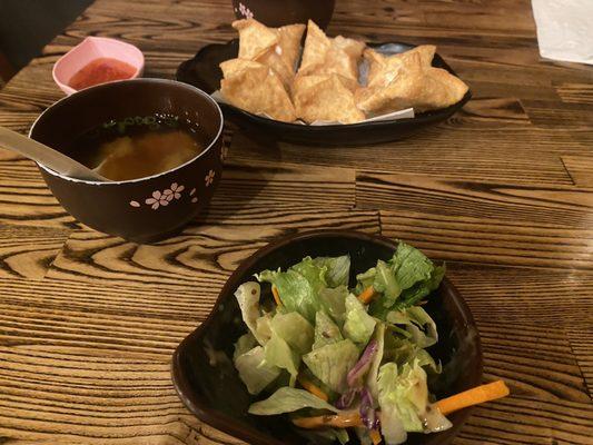 Salad, Miso Soup, Crab Rangoons