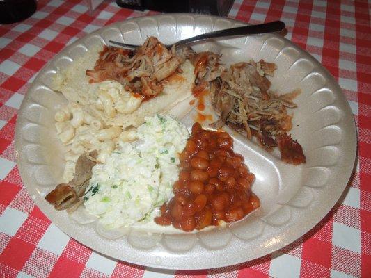 pulled pork, baked beans, cole slaw, macaroni salad