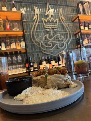 Biscuits and Gravy topped with Fried Oysters