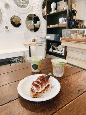 Uji latte with espresso and a tiramisu croffle at Cafe Canuc in University District.