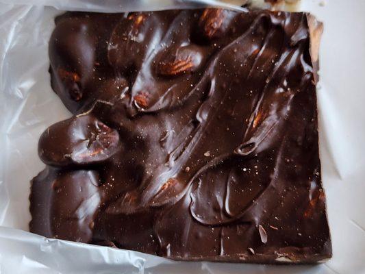 Dark chocolate almond bark without salt added (they have a salted version, too)