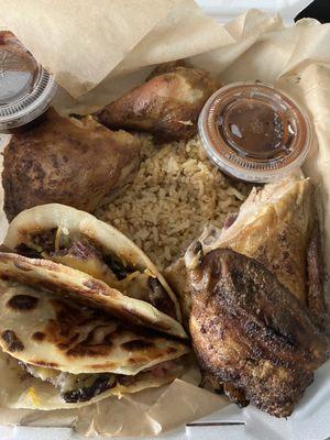 One-half smoked chicken, Spanish rice, brisket taquitos.