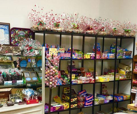 a view of our nostalgic candy, in the store, and gift trays for a order.