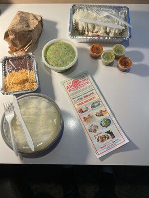 Cheese enchiladas plate, guacamole w/chips, chicken burrito