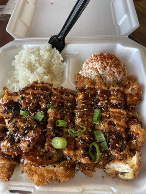 Hurricane Katsu, macaroni salad, rice