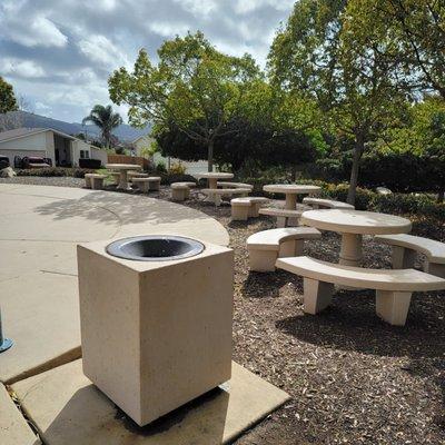 Benches and trash cans