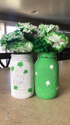 Cute fake flowers for my  St Patrick's Day mason jars