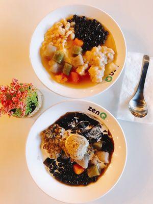 Top: tofu pudding with taro. Bottom: herbal jelly no. 1